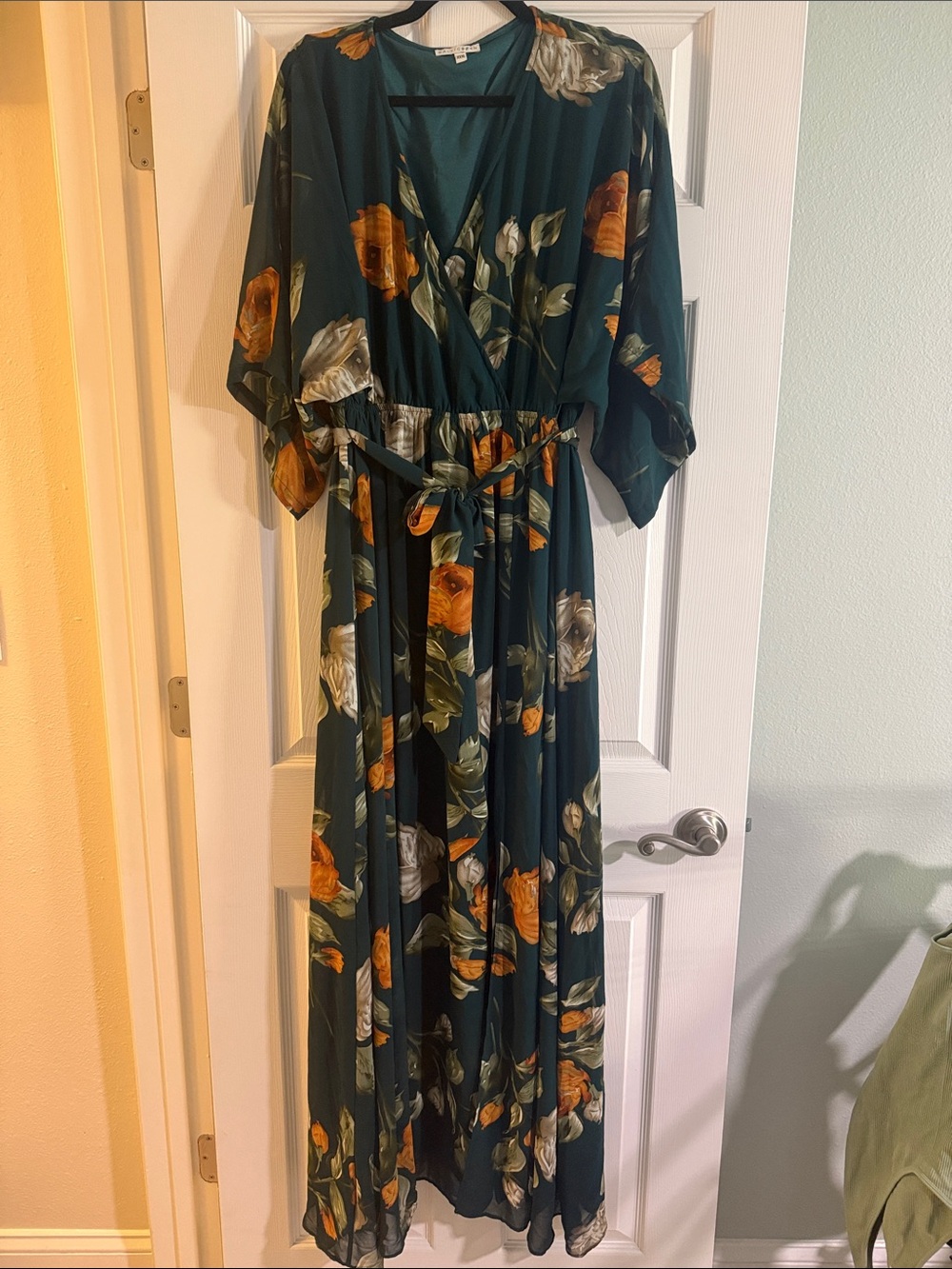 Baltic Born Dark Green Floral Wrap Maxi with Orange & Cream Blooms